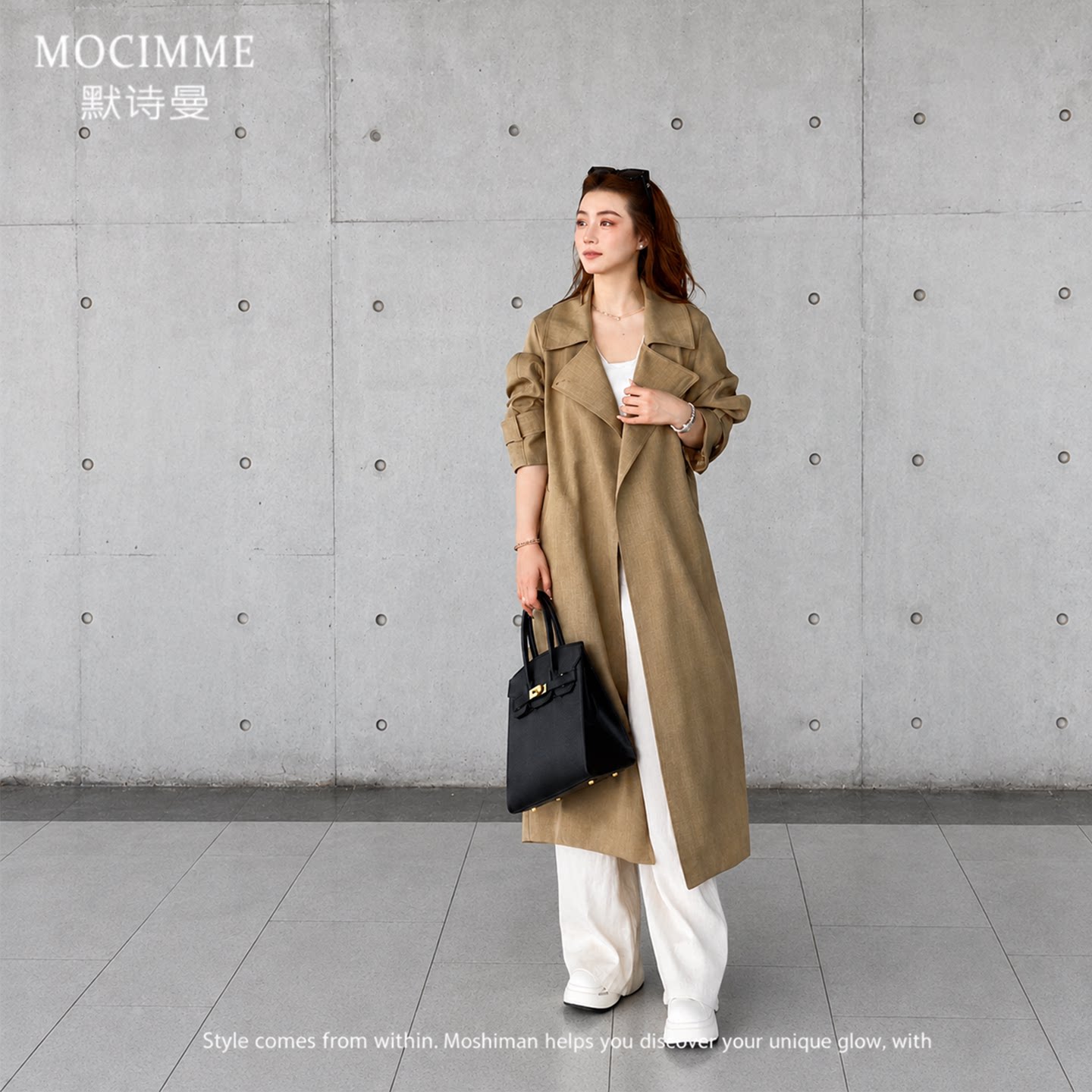 MOCIMME/默诗曼大翻领风衣女长款过膝纹理面料开襟宽松新款大衣 理纹实拍商品图