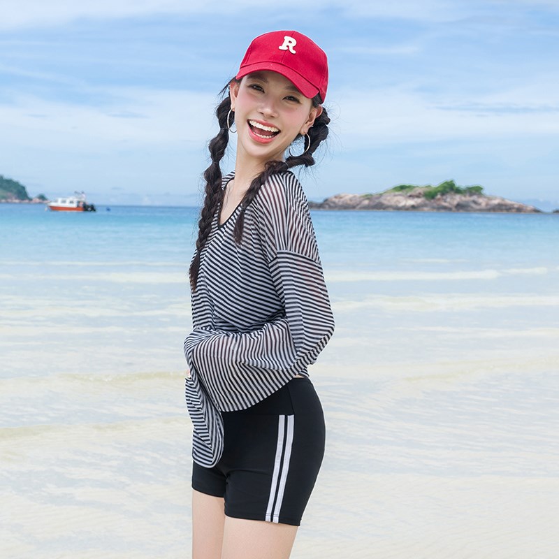 长袖罩衫大码泳衣女款分体平角泡温泉海边微胖女孩防晒三件套泳装