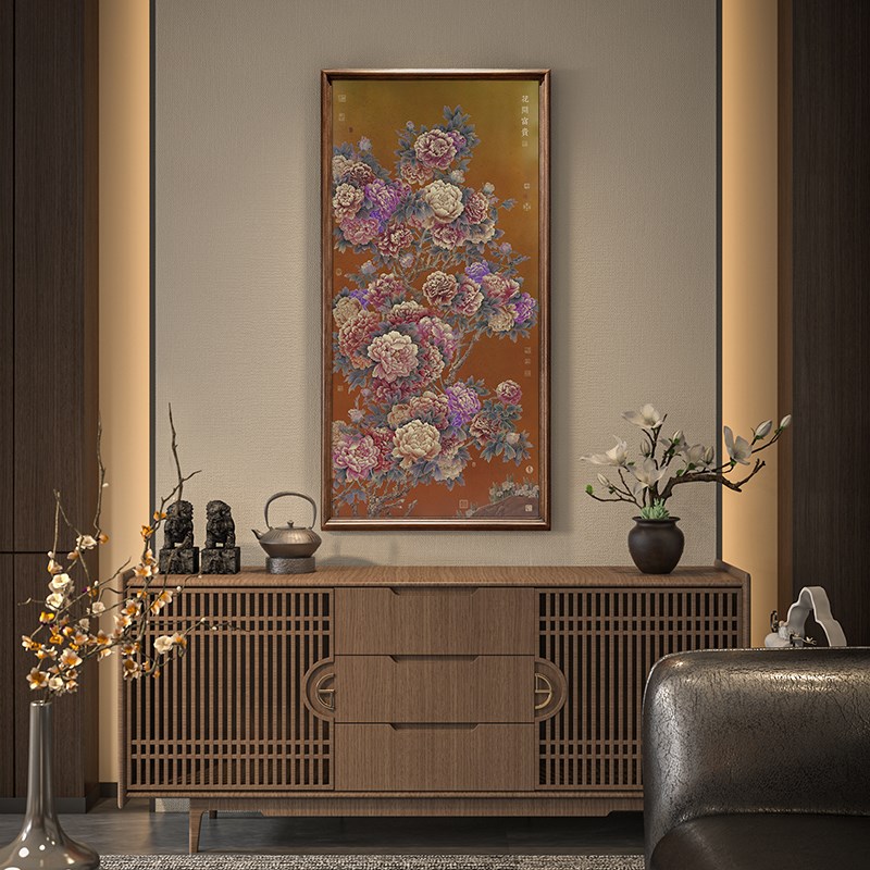 牡丹入户玄关装饰画花开富贵客厅仿古新中式铜花鸟过道背景墙挂画图片
