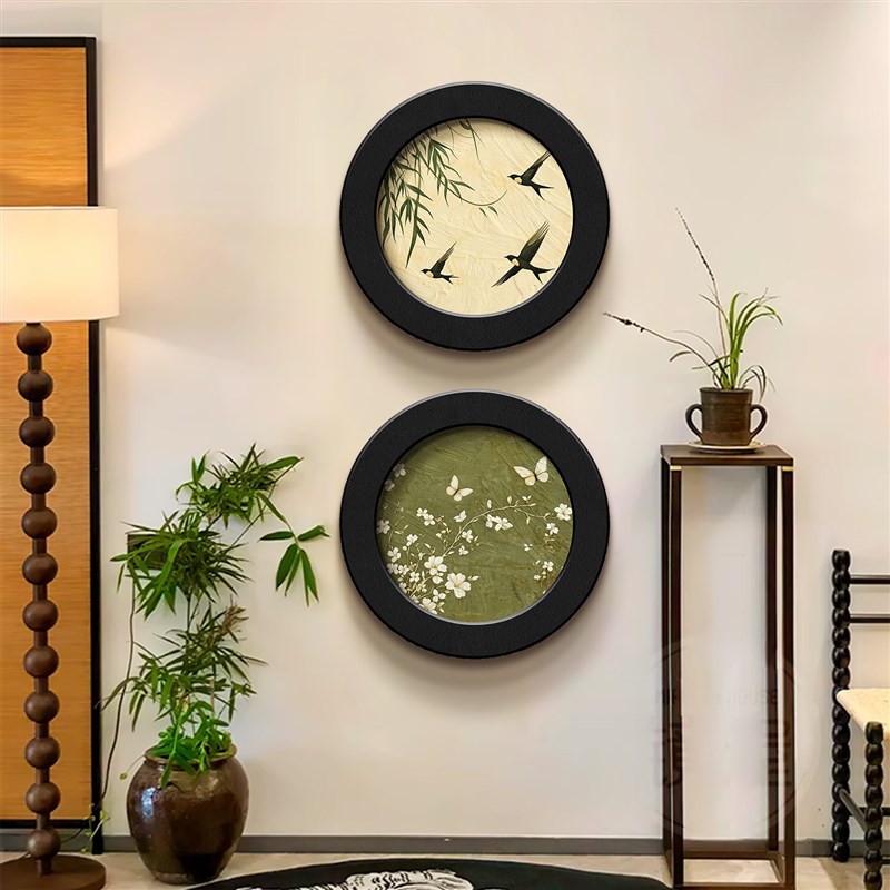 中古风玄关装饰画圆形高级感复古风景走廊背景墙挂画抽象过道壁画图片