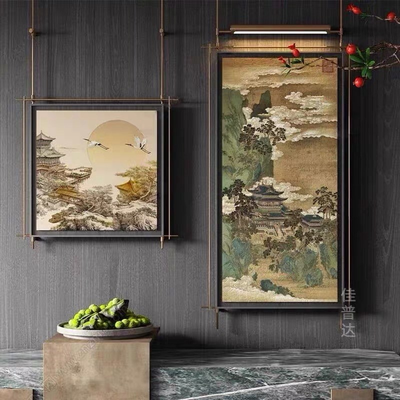 新中式高级氛围灯装饰画餐厅包间灯光画壁灯酒店会所金属吊杆挂画