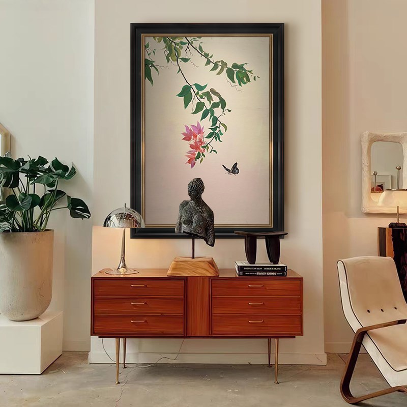 中古风绿植蝴蝶客厅背景墙装饰画抽象2025新款纯手绘油画玄关挂画图片