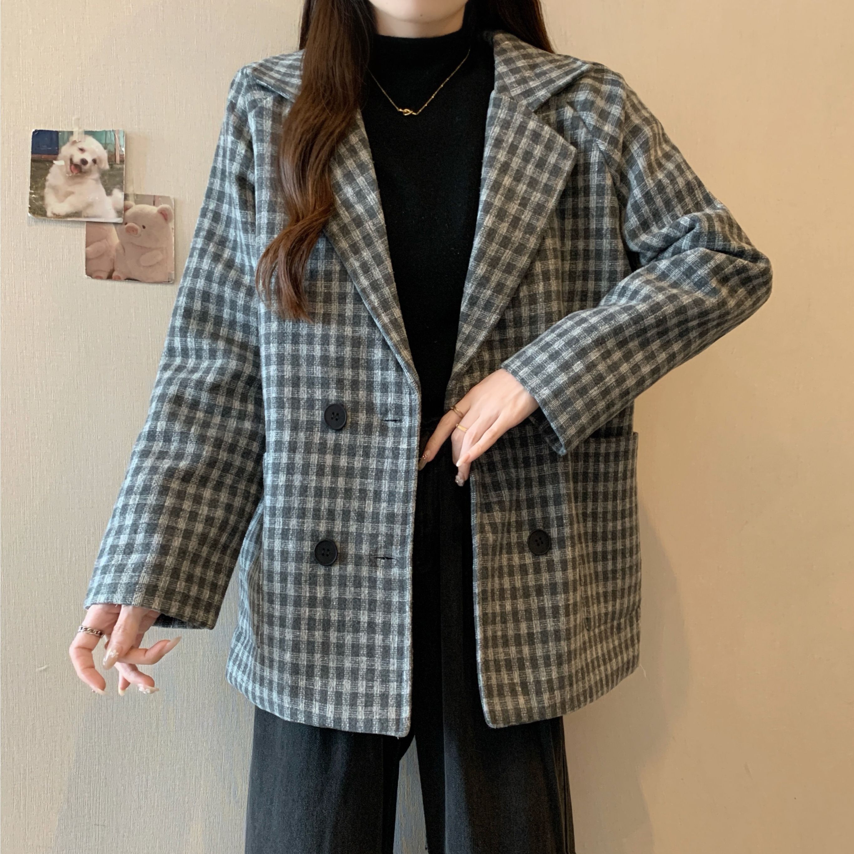 实拍冬装大码女装宽松夹棉加厚格子西装呢子大衣外套