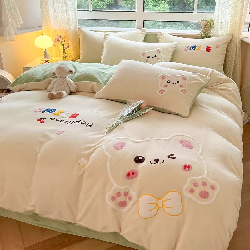 冬季保暖牛奶绒四件套双面绒w加厚被套床单珊瑚绒法兰绒公主风卡