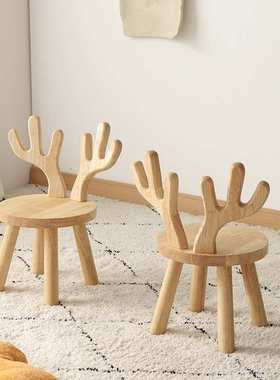 儿童凳子靠背椅 卡通动物橡胶木实木小板凳创意可爱宝宝小鹿矮凳