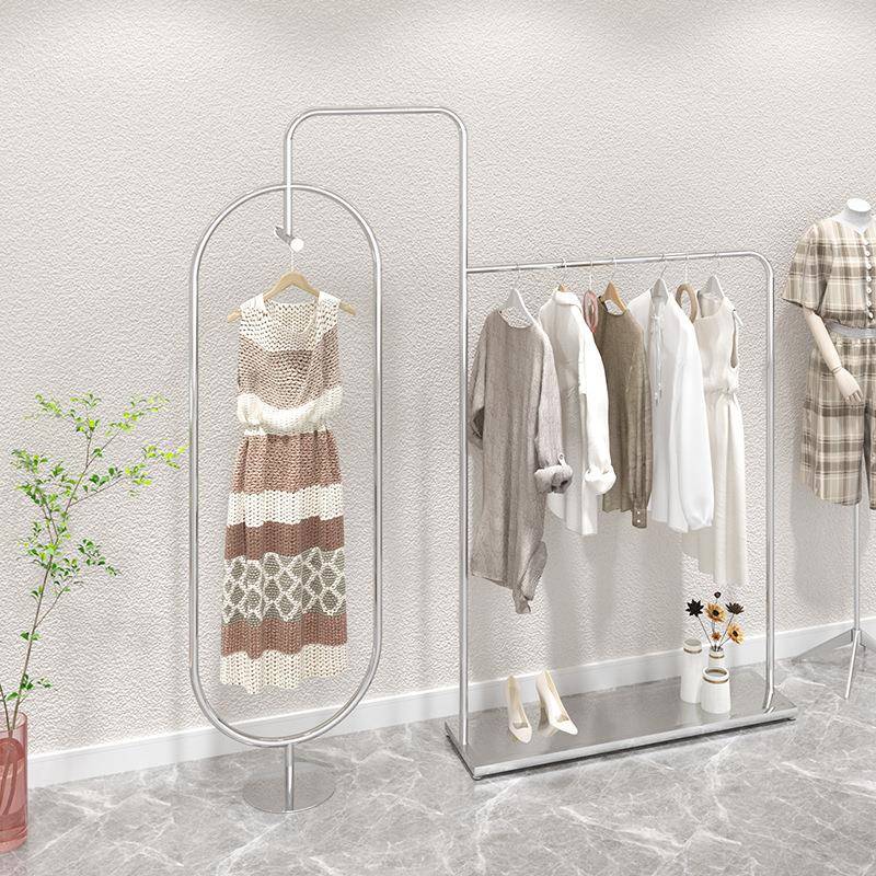 轻奢服装店展示架不锈钢银色女装直播间衣服货架子童装中岛陈列架