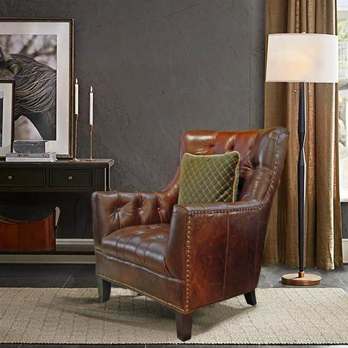 美式棕色老虎椅单人沙发客厅躺椅拉扣高背复古简约皮质皮艺休闲椅