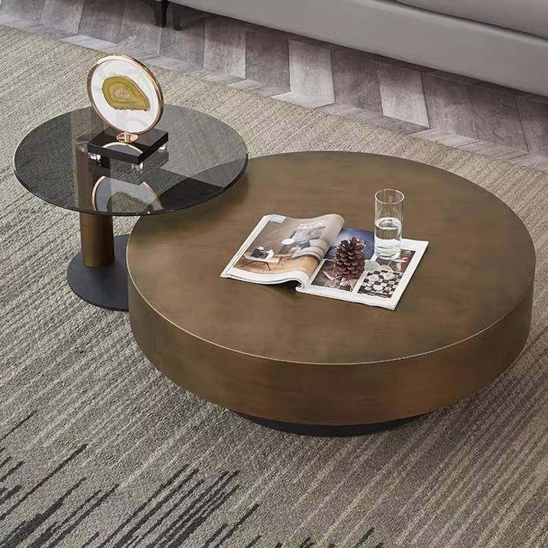 现代简约轻奢风茶几小户型圆形不锈钢茶几古铜色极简钢化玻璃茶几