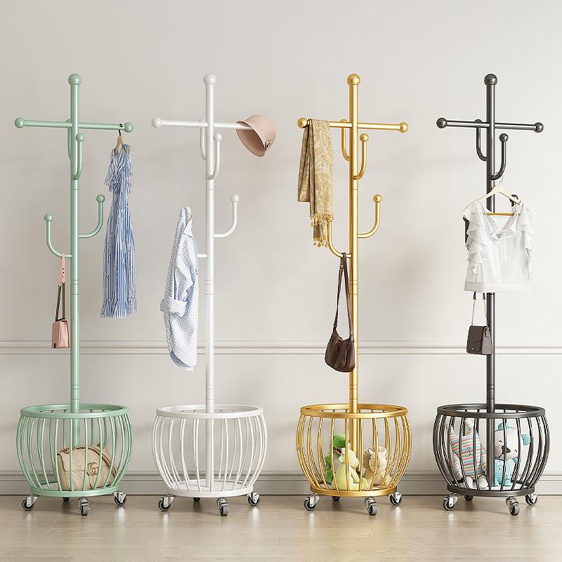 卧室落地挂衣架铁艺衣帽架可移动家用宿舍入户收纳篮脏衣篓衣服架