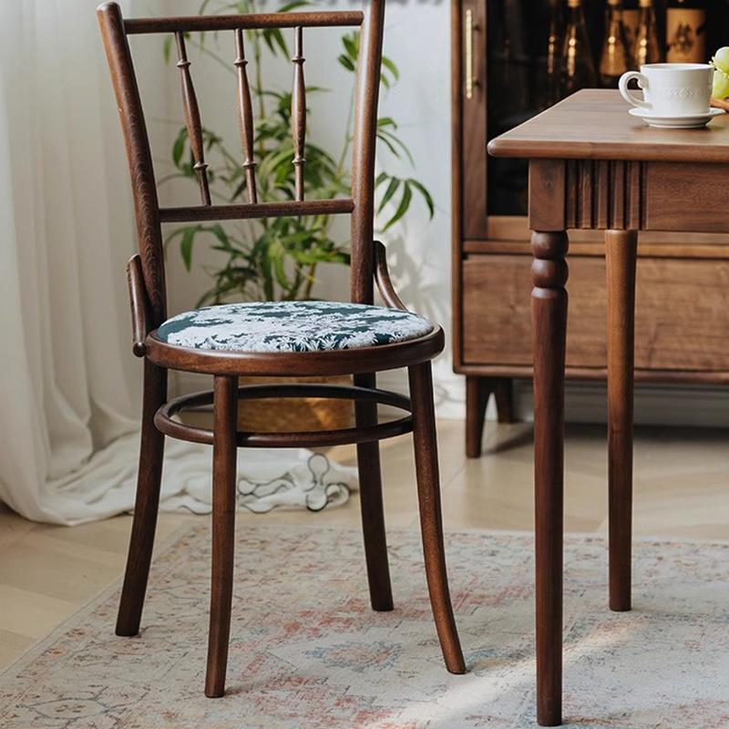 原宿林实木餐椅复古绿色软包凳子靠背国风中古布艺梳妆椅子家用