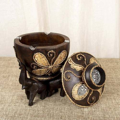东南亚家居饰品古典泰国手工烟灰缸雕花实木大象烟灰缸带盖蜡烛台