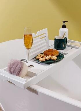 浴缸架白色竹制多功能卫生间泡澡收纳浴室浴缸伸缩支架浴缸置物架