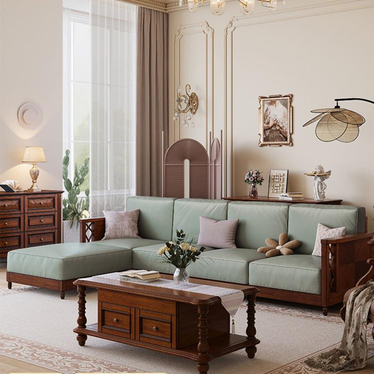 美式复古转角沙发乡村简约实木真皮沙发组合家用客厅直排贵妃沙发