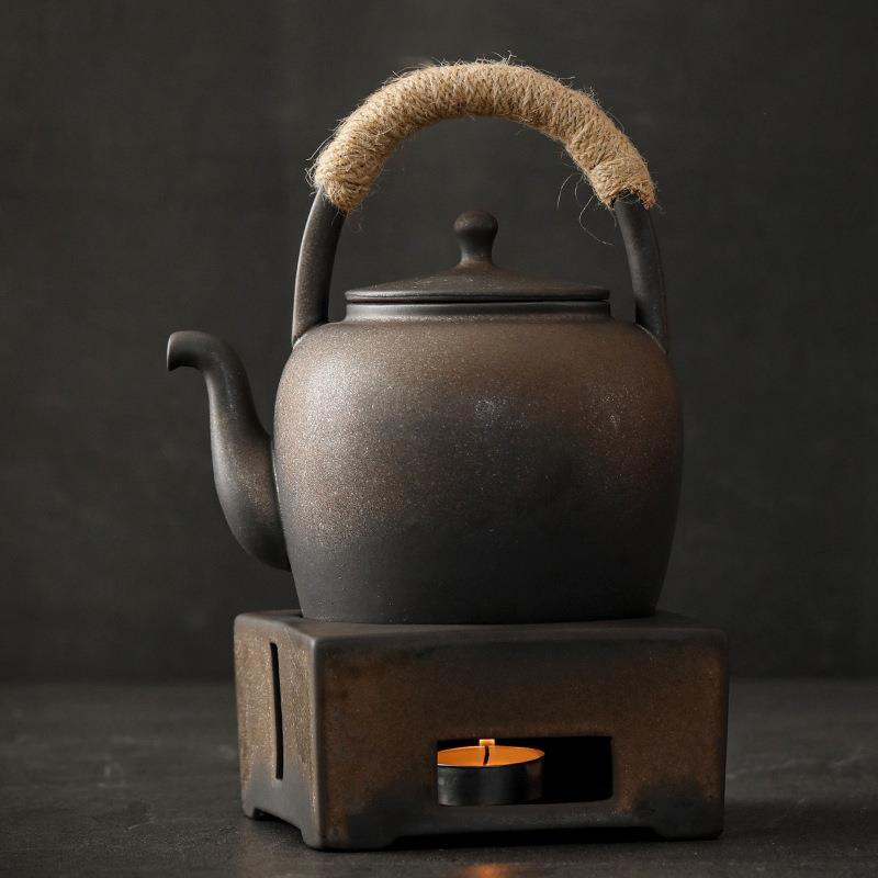 跨境日式手作大号温茶壶粗陶瓷茶具提梁壶套装炉子围炉加热泡茶器