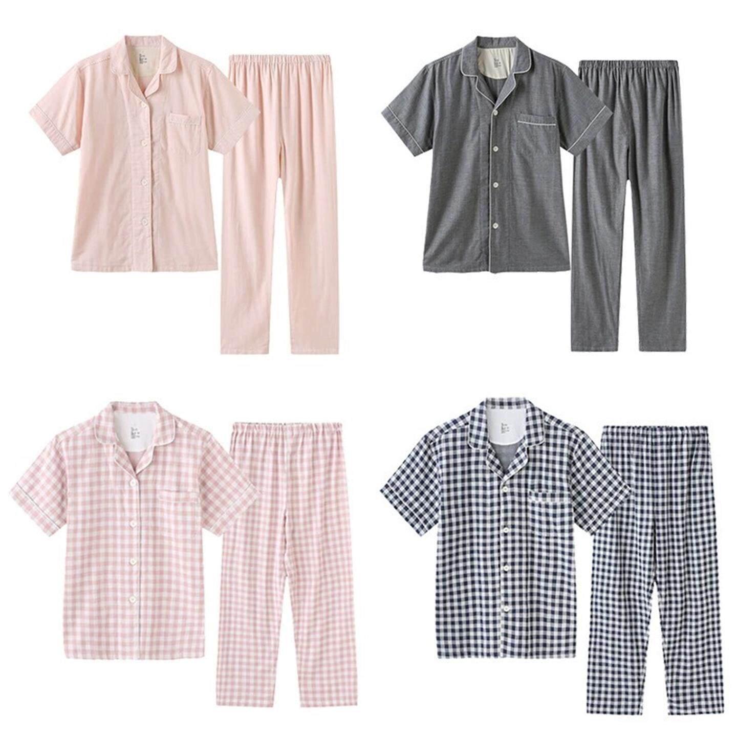 无印良品全棉夏季男女短袖良品睡衣套装纯棉情侣长裤格子