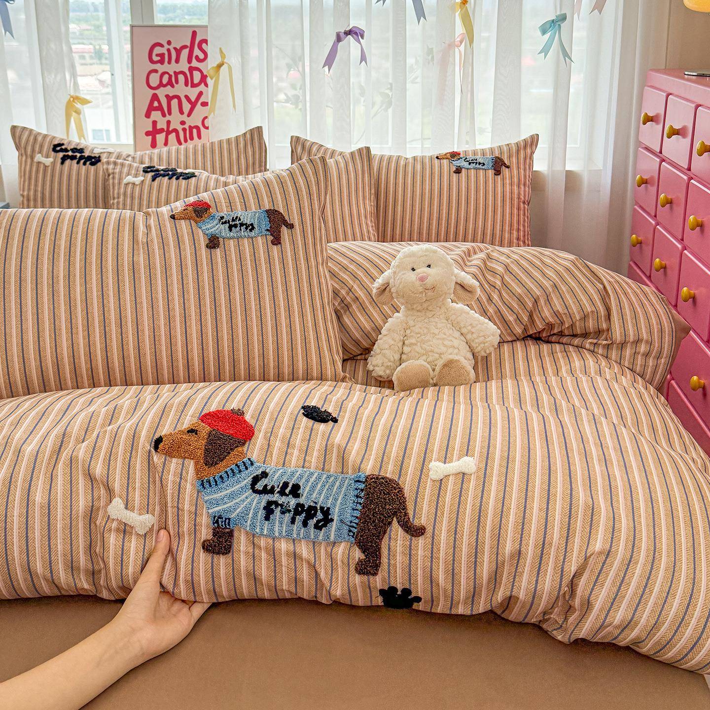 腊肠狗床上四件套A类纯棉加厚磨毛秋冬季卡通床品被套床单笠