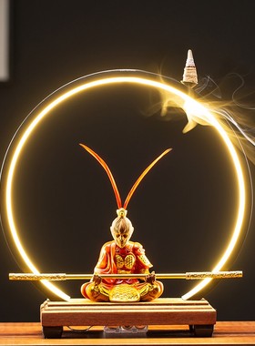 陶瓷齐天大e圣孙悟空灯圈摆件创意家居客厅斗战胜佛倒流香禅意装