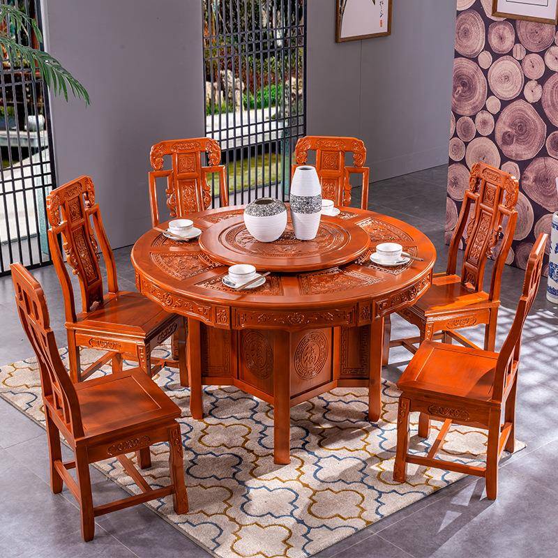 全实木圆形餐桌雕花橡木大圆桌家用饭桌10人中式仿古餐桌椅组合