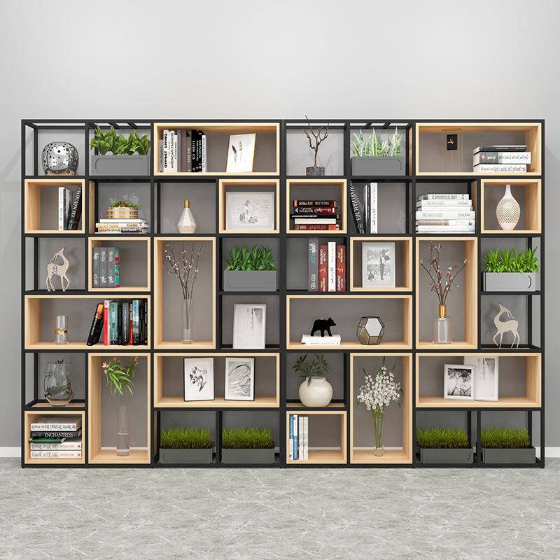 美式铁艺落地屏风隔断客厅架子实木书架现代简约展示架隔板置物架