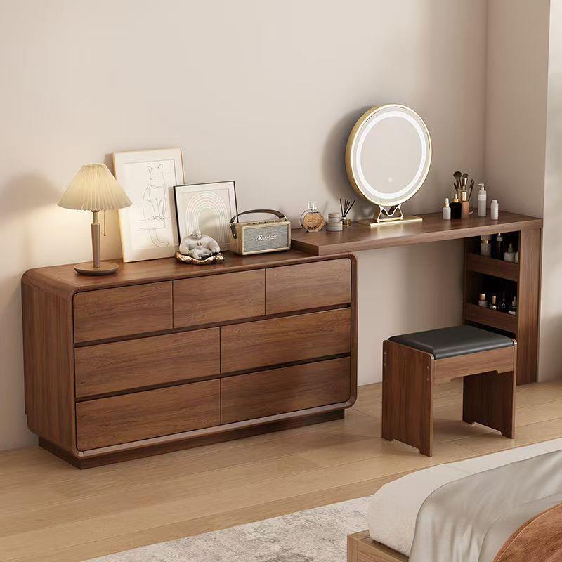 小户型中式实木梳妆台斗柜一体多功能储物带妆凳胡桃木转角化妆桌