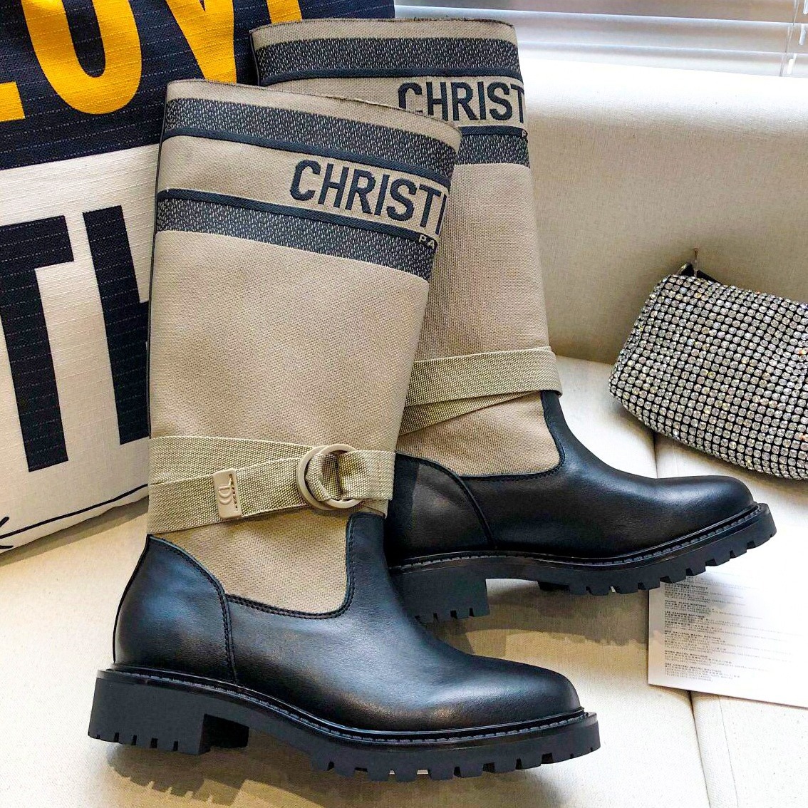 高定D字母长靴女真皮马丁中筒靴