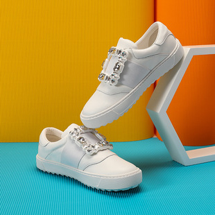 牛皮版~baby同款RV水钻方扣高尔夫球鞋厚底一脚蹬乐福鞋小白鞋女