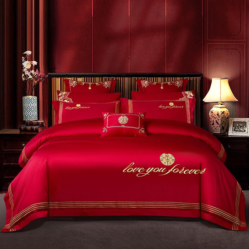 a类婚庆100S长绒棉四件套纯棉全棉玫瑰刺绣结婚被套床单床上用品