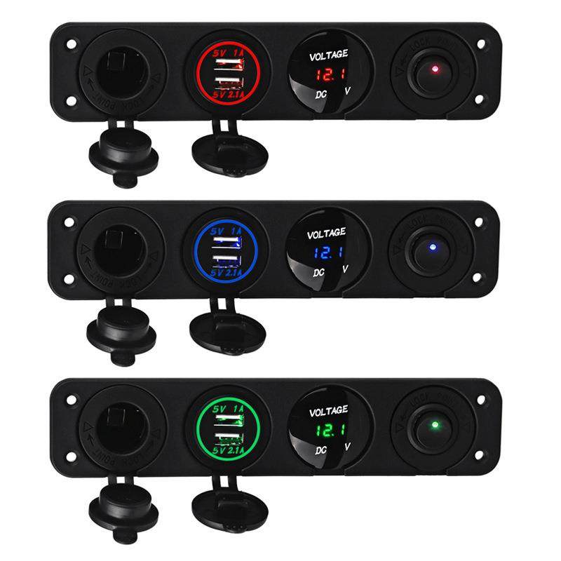 汽车游艇改装电压表点烟器12-24V4孔面板开关底座双USB车载充电器