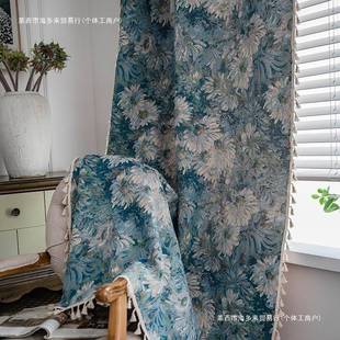 包邮 爸爸帷幔遮光田园风提花油画窗帘蓝色卧室欧式 成品飘窗布