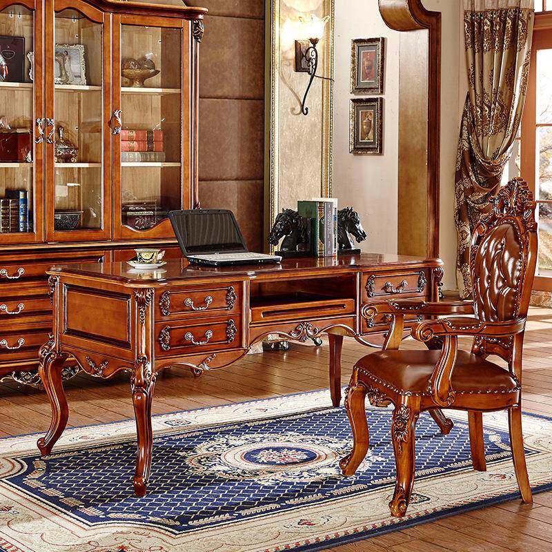 美式实木书桌长方形电脑桌欧式写字台办公桌复古桌雕花书桌椅豪华