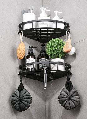 免打孔北欧黑色太空铝双层三角收纳架厨房浴室转角置物架简约加厚