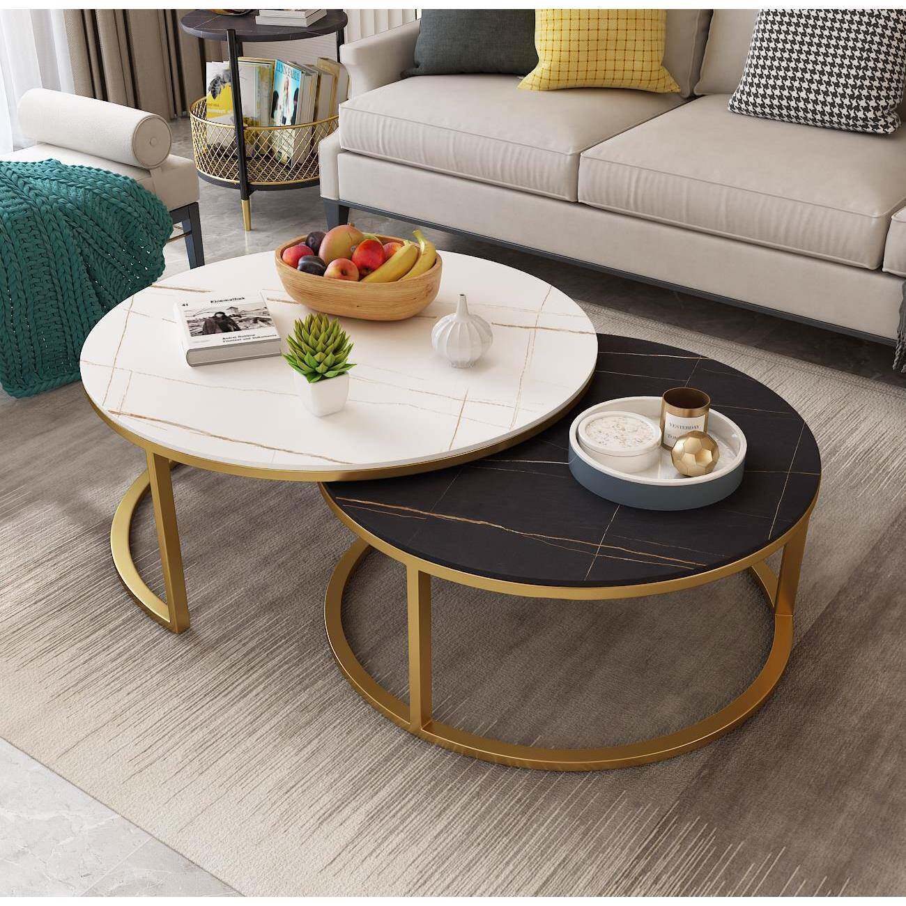 意式岩板大理石圆形茶几组合简约现代小户型家用客厅轻奢子母茶桌