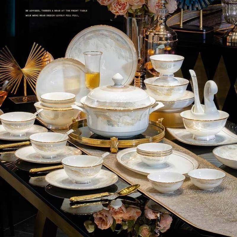 2023新款米饭碗家用轻奢中式骨瓷餐具套装碗碟套装乔迁碗盘筷组合