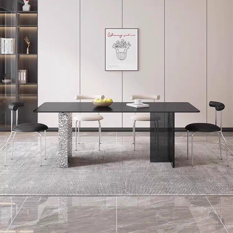 【折扣价】意式悬浮岩板餐桌椅组合极简不锈钢水波纹长方形高端亚
