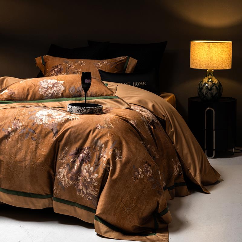 【折扣价】美式复古印花100支长绒棉四件套柔软全棉贡缎床单被套1