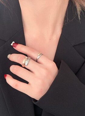 素环戒戒轻奢个性菱纹简约戒指镶钻双圈指环女金属食指拼色冷淡风