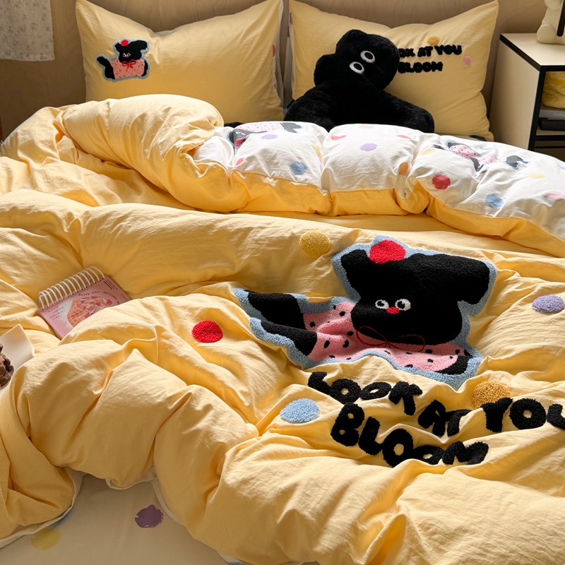 卡通可爱毛巾绣水洗棉床上v四件套非纯全棉被套床单宿舍三件套床