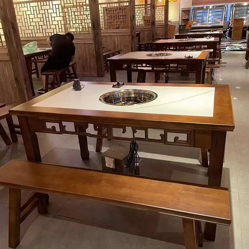 重庆老火锅餐桌下沉炉实木包岩板煤气灶电磁炉一体四人位火锅桌子