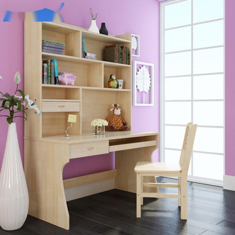 实木电脑桌带书架书柜组合台式家用写字桌书桌松木儿童学习桌