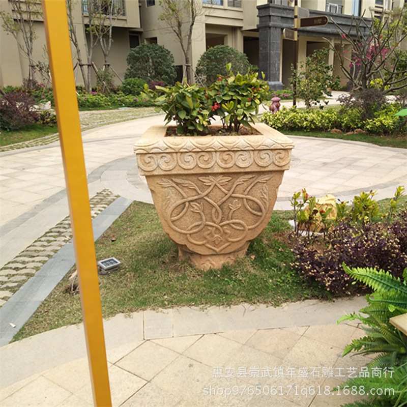 砂岩石雕欧式花盆 黄锈石花园广场庭院种植仿古花钵装饰厂家直销
