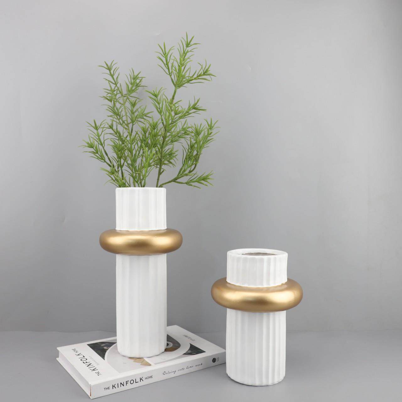 现代简约竖纹直筒金圈花瓶摆件客厅餐厅玄关电视柜样板房家居饰品