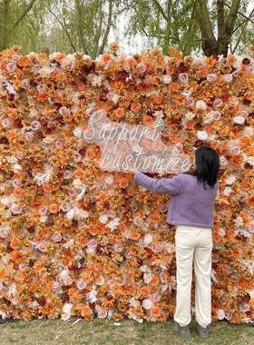 橙色玫瑰花仿真花墙背景墙网红墙写真拍照背景花墙