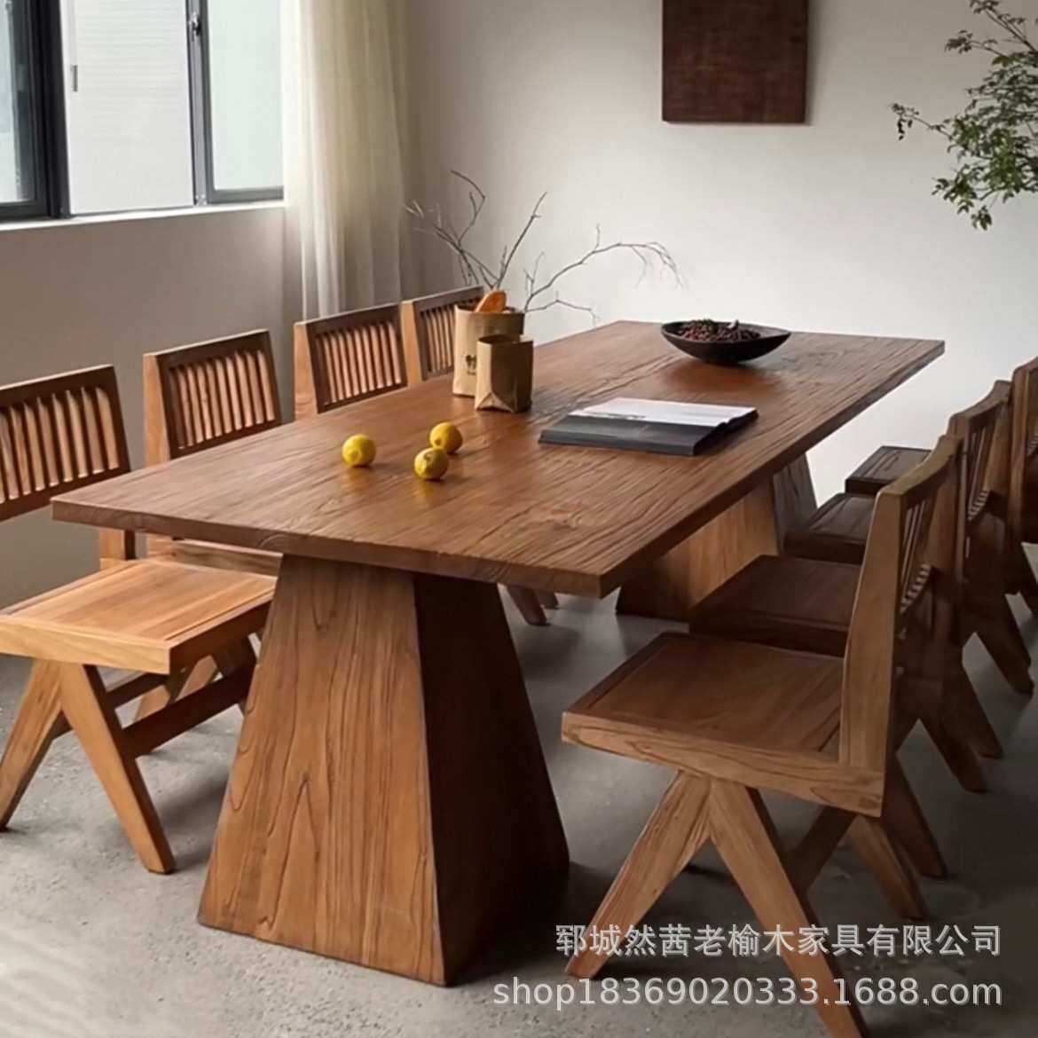 新中式老榆木茶桌多人位长方形门板桌实木办公会议桌椅大班桌餐桌