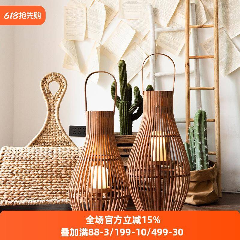 JK慕空间 复古落地烛台天然竹编灯笼 样板间花园大厅装饰摆件套装