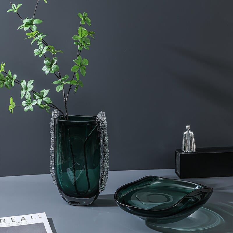 现代轻奢帝王绿艺术琉璃花瓶摆件客厅酒店玄关桌面花器插花装饰品