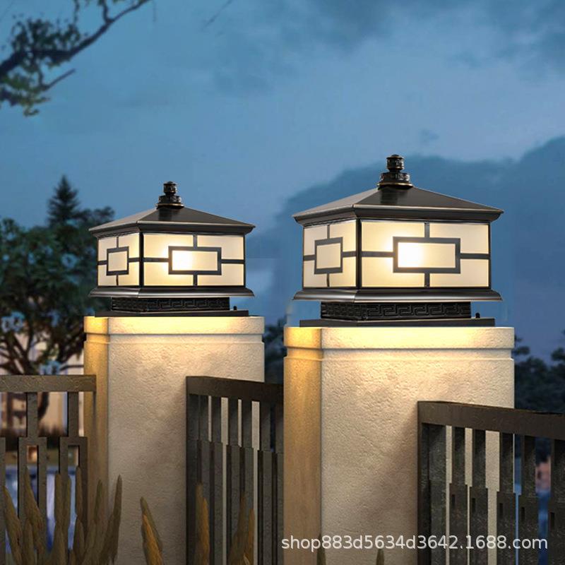 新中式太阳能柱头灯全铜别墅大门柱子灯防水家用围墙庭院灯接电款