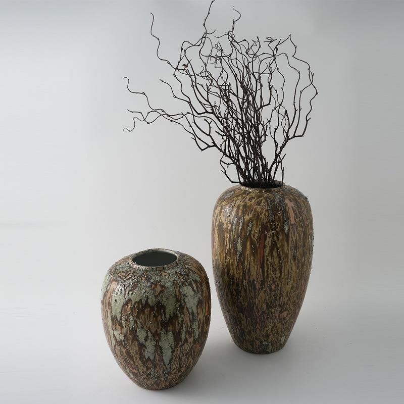 侘寂风中古油画陶瓷大花瓶艺术民宿样板间陶罐复古高级感花器摆件