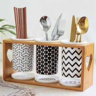 黑色经典创意陶瓷双筒三筒厨房置物架沥水筷子筒筷子笼筷子桶套装