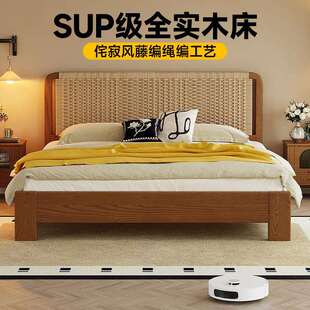 美式复古胡桃色木床实木床加床垫大床主卧一米八实木床家用双人床