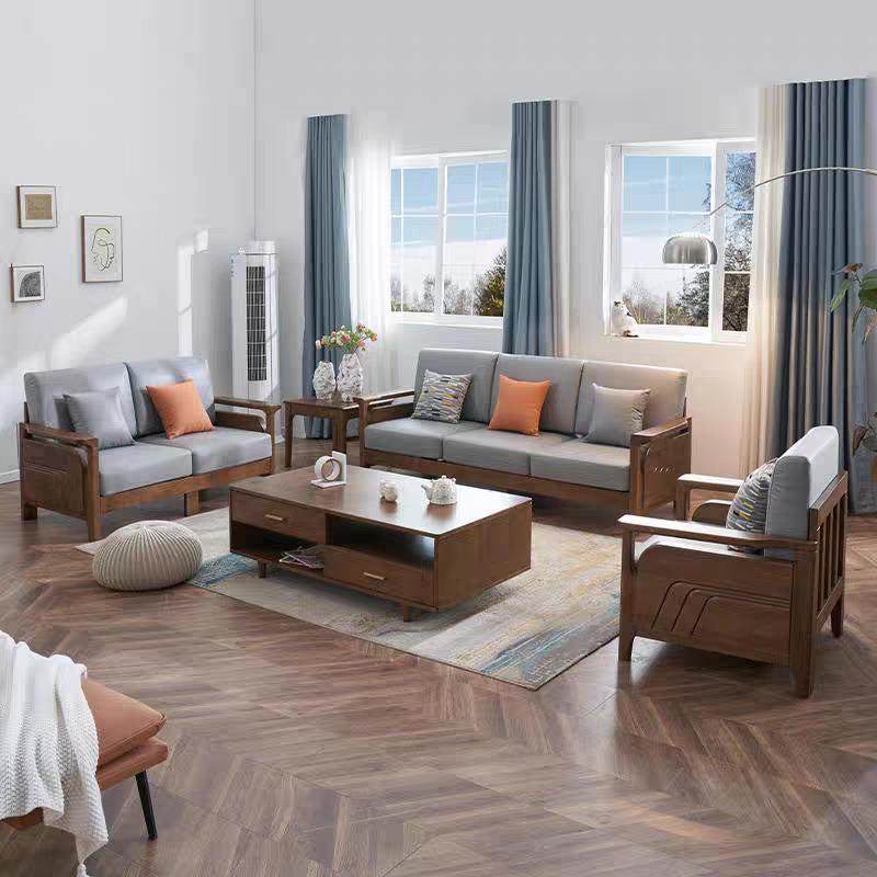 新中式实木沙发家用客厅小户型橡胶木沙发现代简约布艺沙发组合